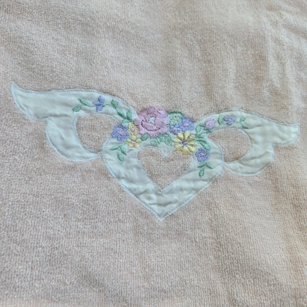 Vintage After Bath Luxury Peach 3 Pc Towel Set Floral Heart Embroidered Cotton